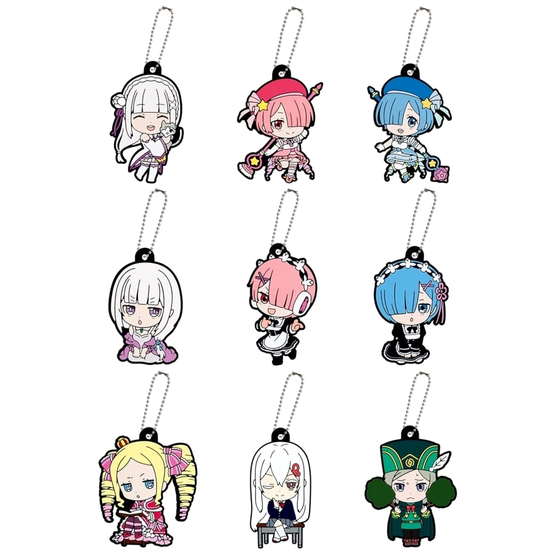 Re:ZERO -Starting Life in Another World- Emilia & Others All 9 Types Set Capsule Rubber Mascot 2 Keychains [USED]