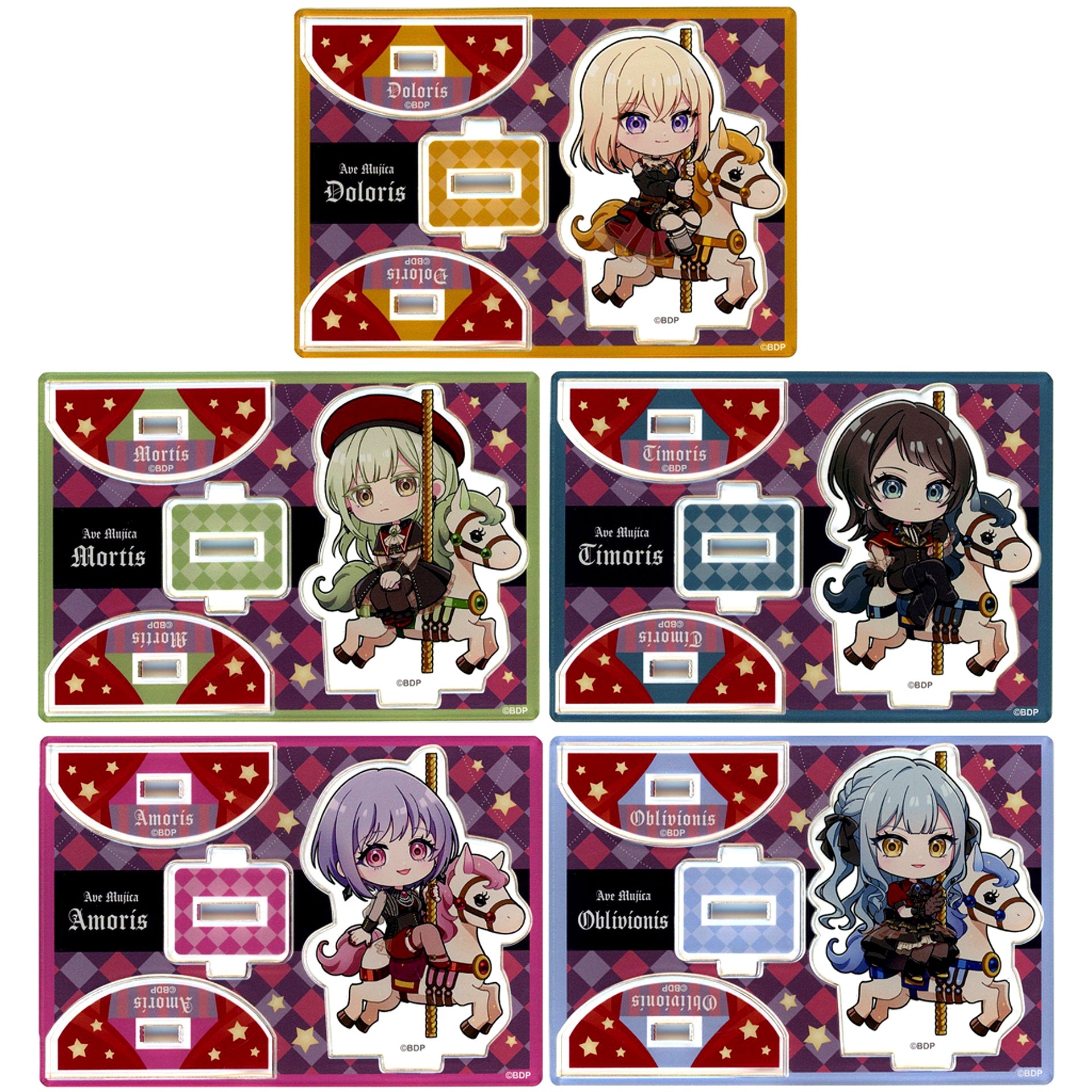 Set of 5 BanG Dream! MyGO!!!!! x Ave Mujica POP UP STORE at UNIVERSAL MUSIC STORE HARAJUKU Merry-Go-Round Style Trading Acrylic Stand [USED]