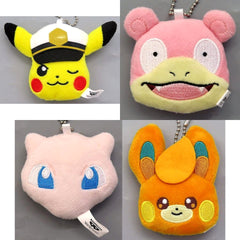 Pokemon Captain Pikachu & Others All 4 Types Set Face Plush Toy with Ball Chain Captain Pikachu, Slowpoke, Mew, Pawmi Plush [USED]