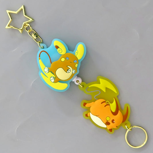 Raichu & Alolan Raichu Pokemon Rubber Reel Keychain Nitamonodoushi Pokemon Center Limited [USED]