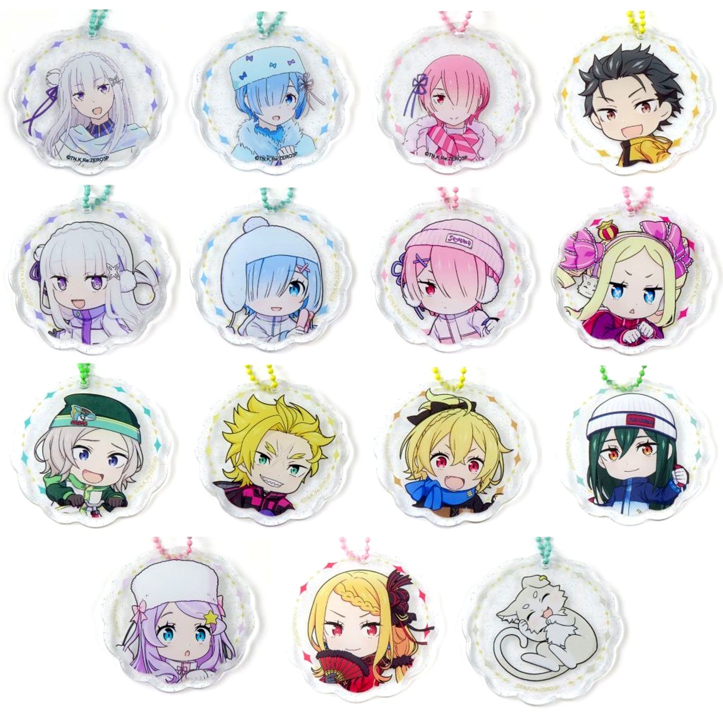 Set of 15 Re:ZERO -Starting Life in Another World- Snowball Style Glitter Keychain Sayama Ski Resort Mystery Rally Goal Bonus [USED]