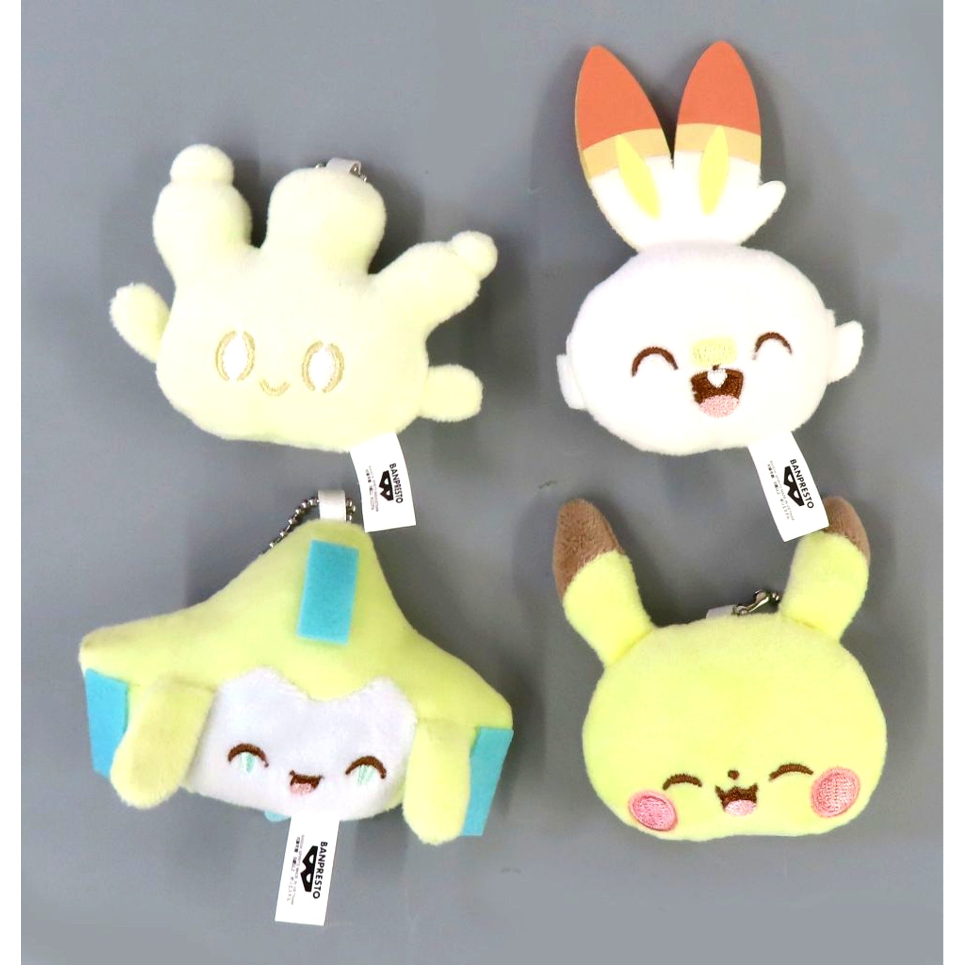 Set of 4 Pokemon Pokepeace Plush with Ball Chain Pikachu Jirachi Scorbunny Milcery [USED]