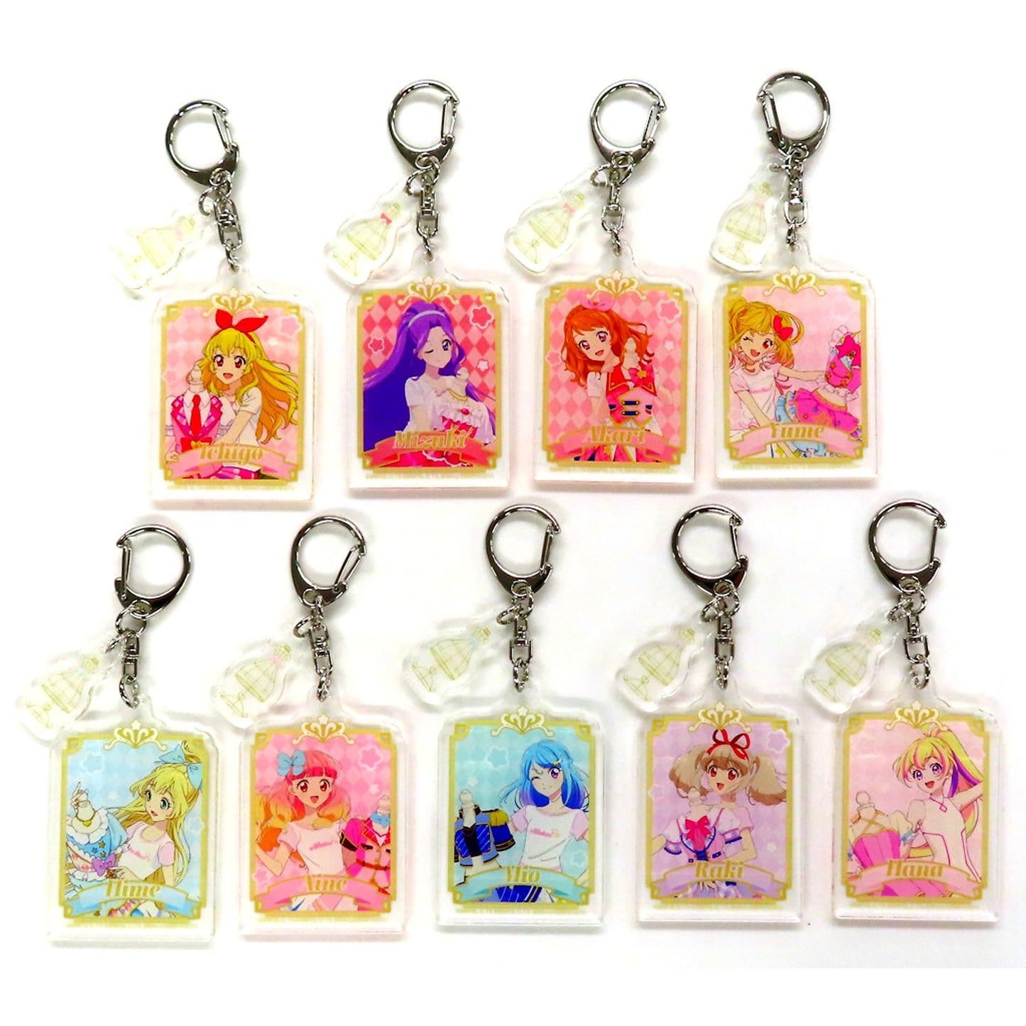Set of 9 All Aikatsu! Great Costume Exhibition!! Stage Dress Collection in YOKOHAMA COAST Acrylic Keychain with Parts 01 Illustration [USED]