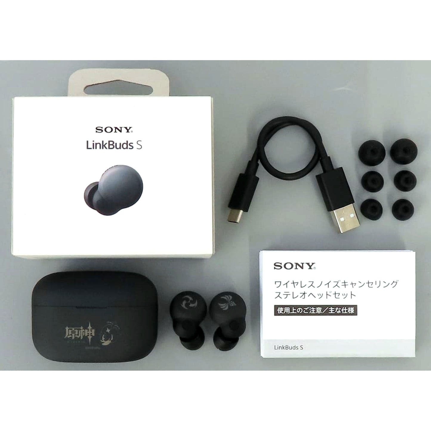 Genshin Impact Element Symbol Right Electro/Left Anemo Wireless Noise Cancelling Stereo Headset WF-LS900N/GI Black Sony Collaboration Model Made-to-Order Limited [USED]