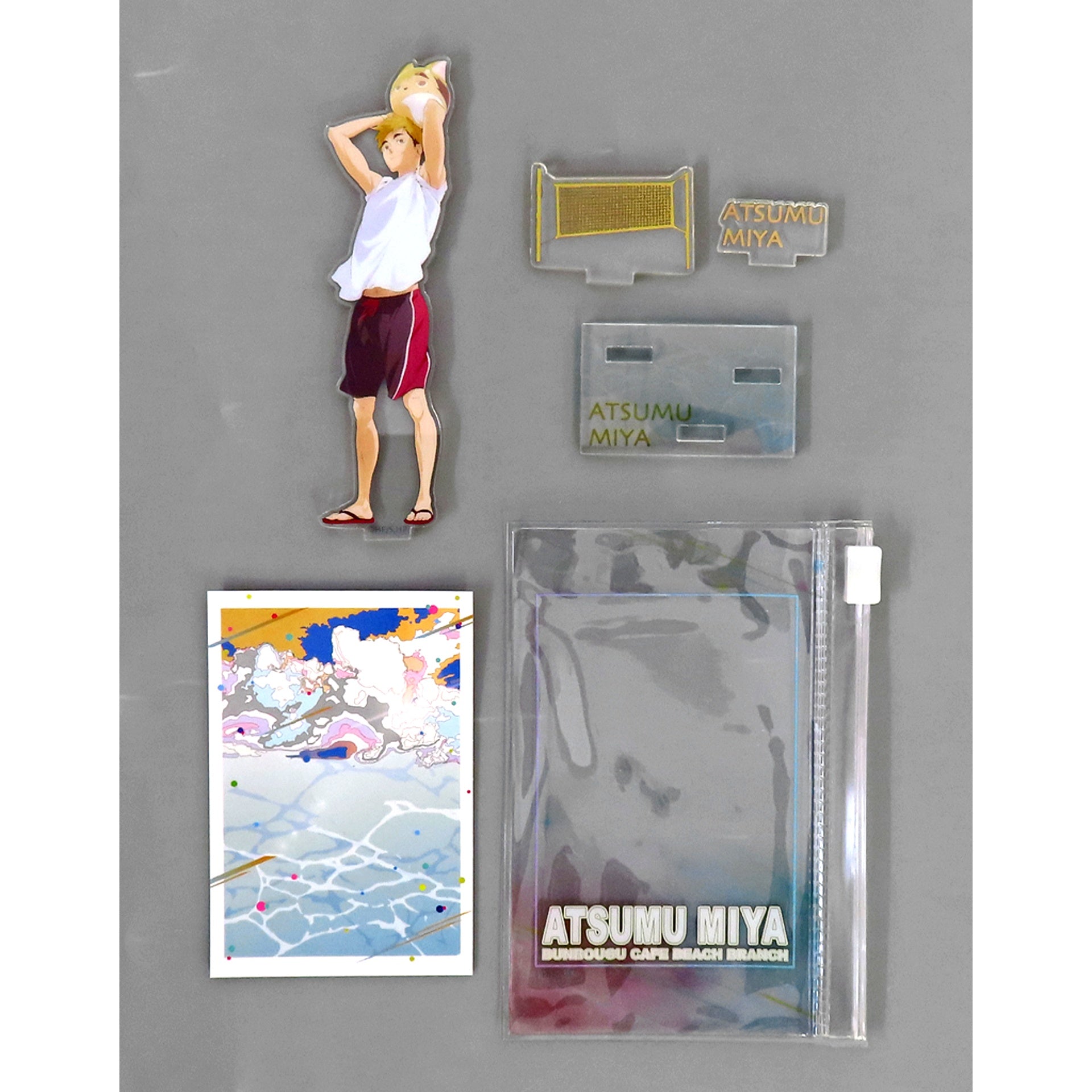 Atsumu Miya Color Beach Motif Mini Acrylic Stand - with Background Card & Storage Pouch Haikyu!! x Bunbogu Cafe 2021 [USED]
