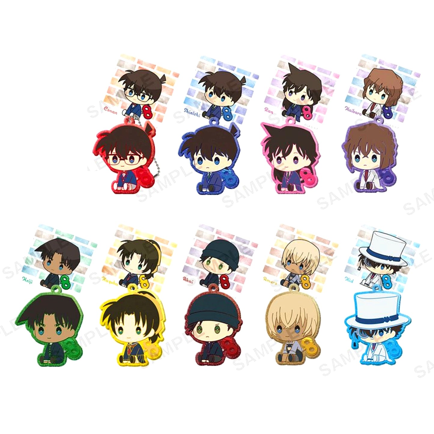 Set of 9 Detective Conan Petatto Nejimaki Kirarin Rubber Keychain BOX ver. [USED]