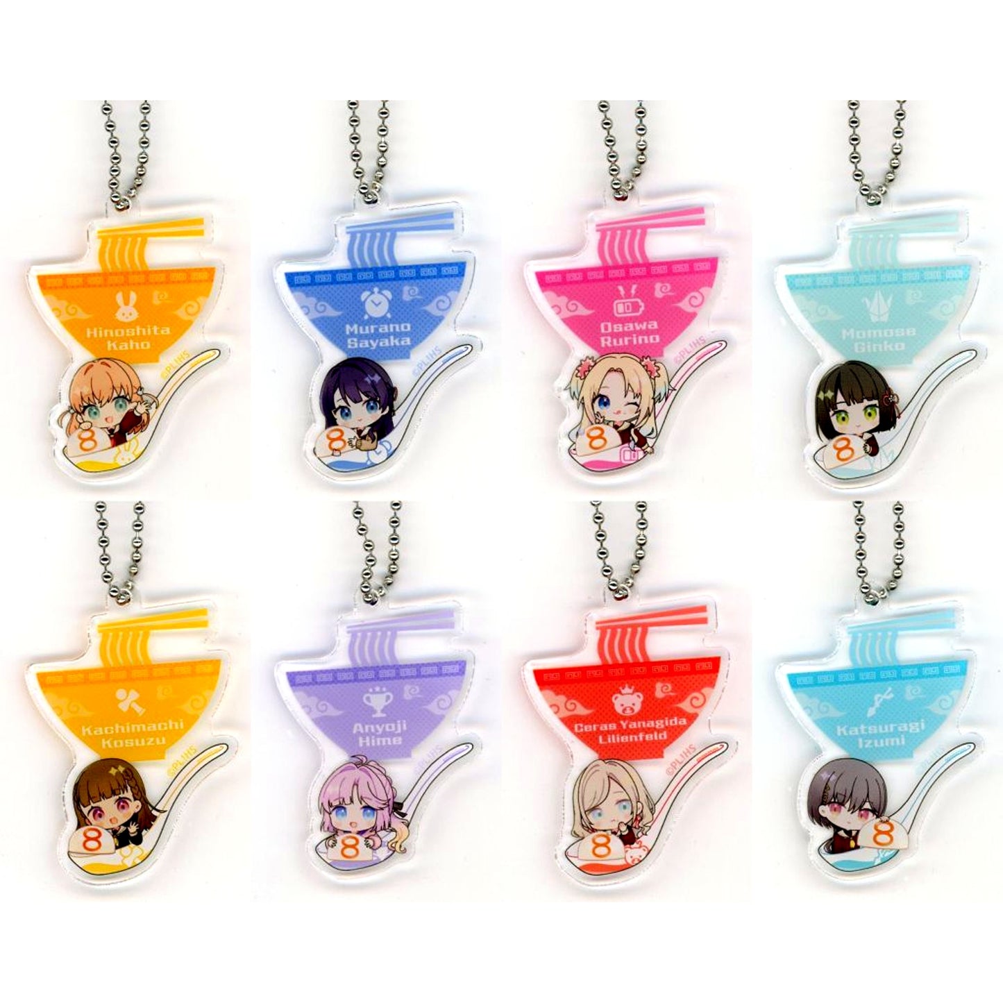Set of 8 Love Live! Hasunosora Girls' High School Idol Club x Hachiban Ramen Trading Oshi Menu Acrylic Keychain [USED]