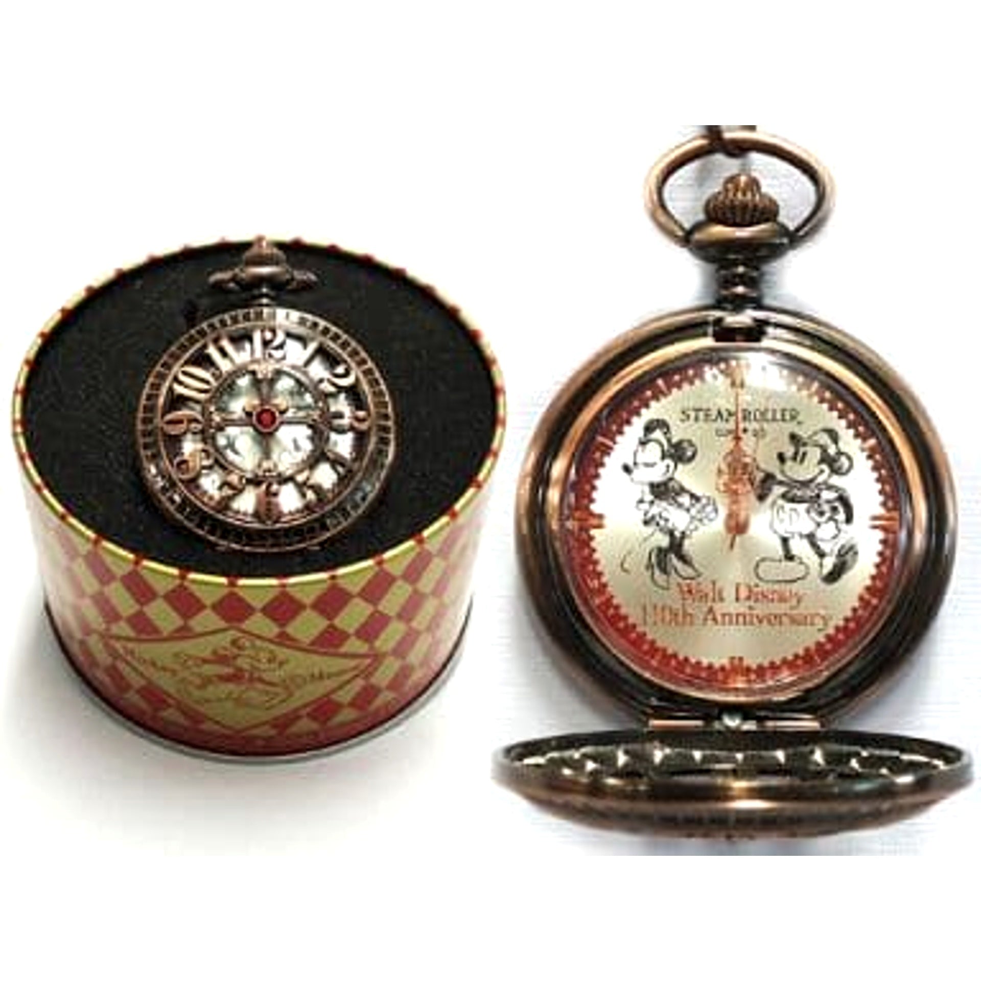 Disney Mickey and Minnie Shell Walt Disney 110th Anniversary High Quality Rhinestone Relief Pocket Watch [USED]