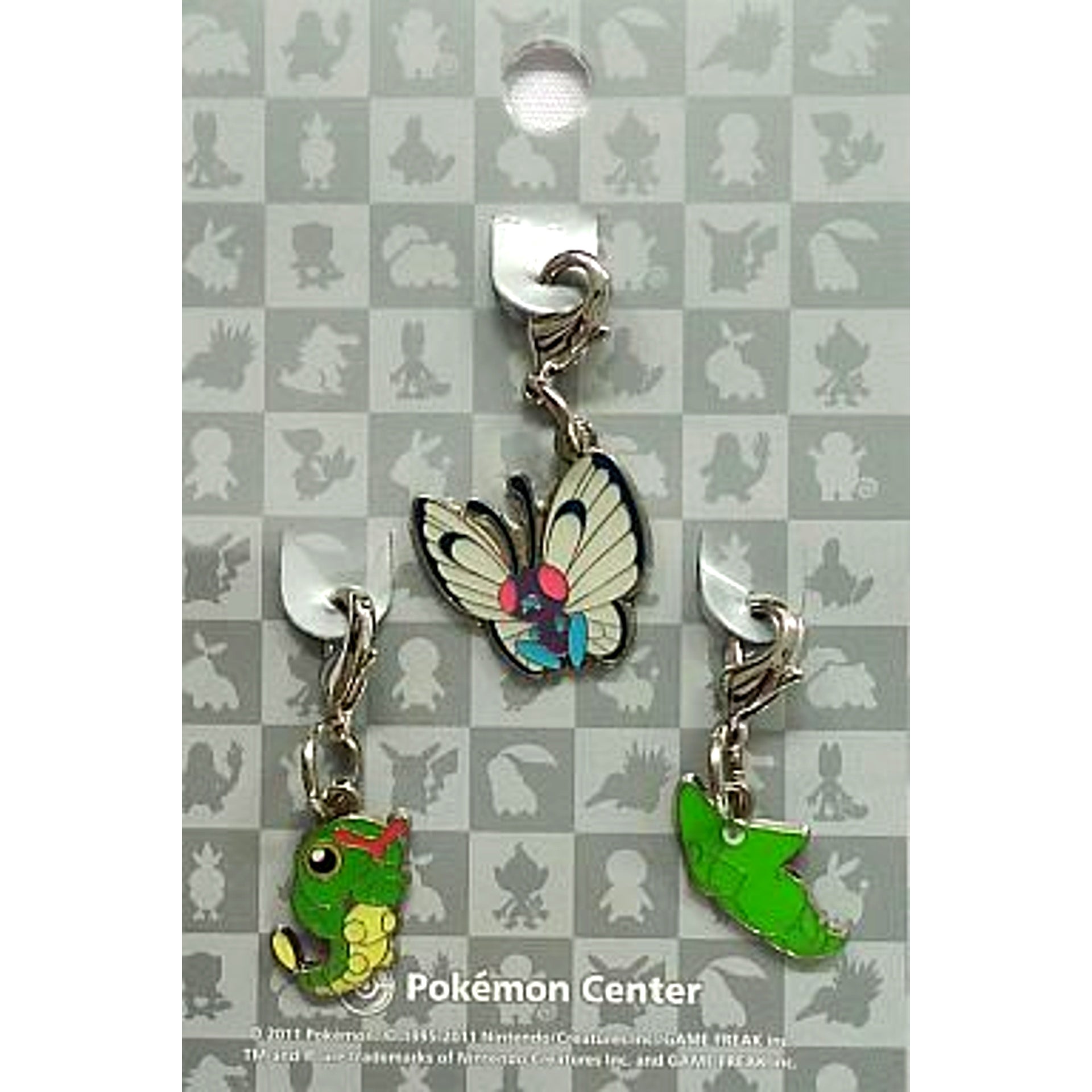 Set of 3 010 Caterpie & 011 Metapod & 012 Butterfree Pokemon National Pokedex Metal Charm Pokemon Center Ltd [USED]