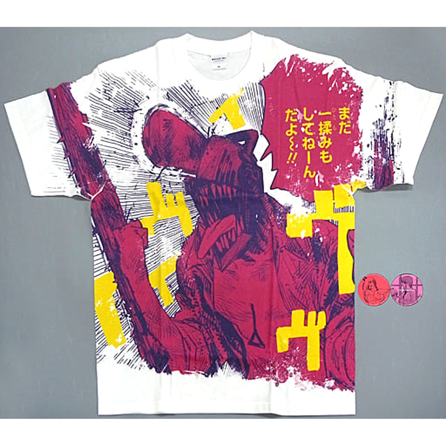 Chainsaw Man Chainsaw Man Pink Full Graphic T-Shirt White Pink Size: L Jump Characters Store Limited with 2 Can Badges Buttons [USED]