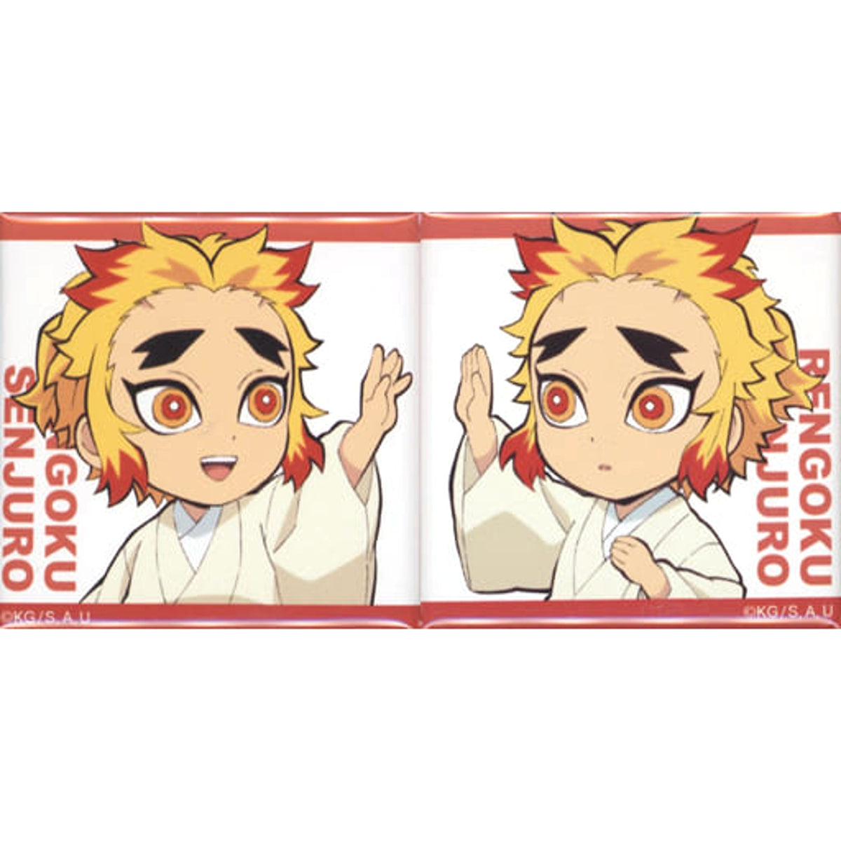 Demon Slayer: Kimetsu no Yaiba the Movie: Mugen Train Senjuro Rengoku Mini Chara Newly Drawn Connecting Square Can Badges ufotable cafe Limited Buttons [USED]