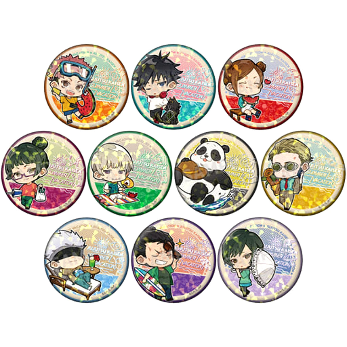 Jujutsu Kaisen Megumi Fushiguro & Others Trading Hologram Can Badge Summer Vacation Ver. All 10 Types Set Buttons [USED]