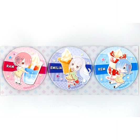 Set of 3 Emilia & Rem & Ram Re:Zero Starting Life in Another World Buttons Loppi Limited [USED]