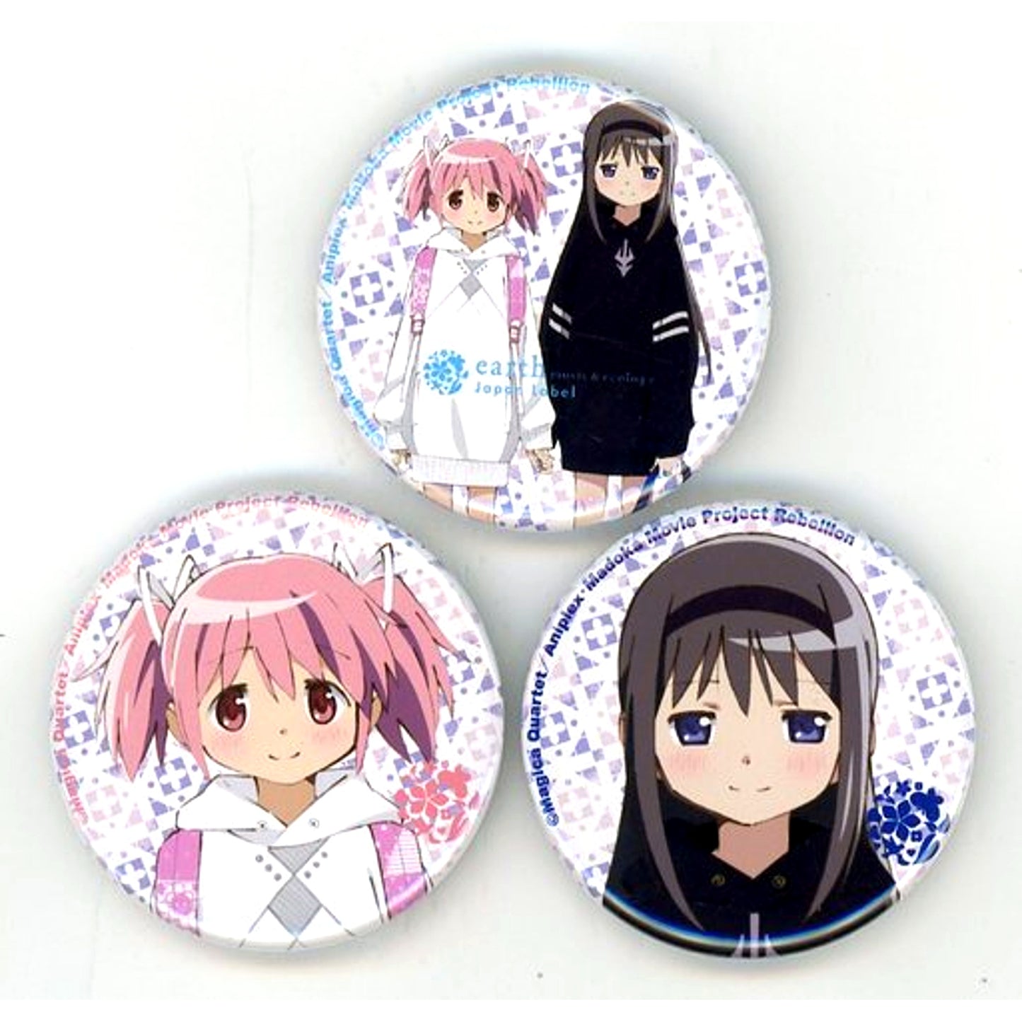 Set of 3 Madoka Kaname and Homura Akemi Puella Magi Madoka Magica The Movie Rebellion Collab Button B earth music and ecology Japan Label [USED]