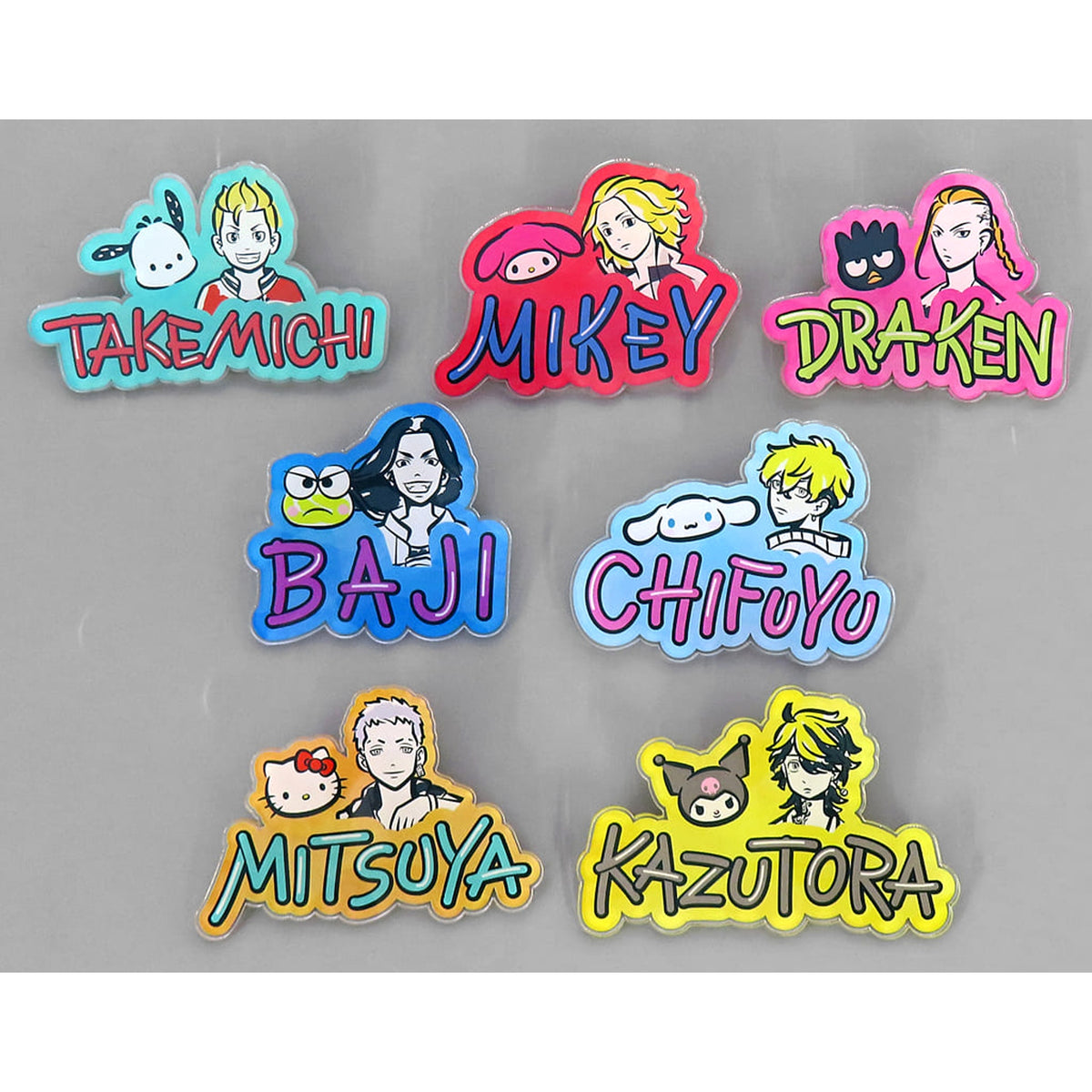 Tokyo Revengers X Sanrio Characters Manjiro Sano & Others Acrylic Name Badge All 7 Types Set Buttons [USED]