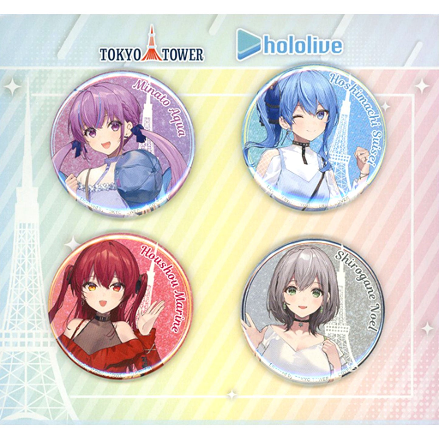 Set of 4 Group Virtual YouTuber Hololive in Tokyo Tower Great Search for the Lost Quartet Button [USED]