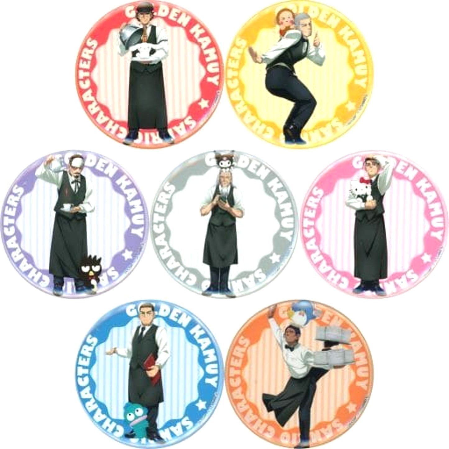 Golden Kamuy X Sanrio Characters Saichi Sugimoto & Others Normal Ver. Trading Can Badge Cafe Ver. Sanrio Characters Cafe in Chugai Grace Cafe Limited All 7 Types Set Buttons [USED]