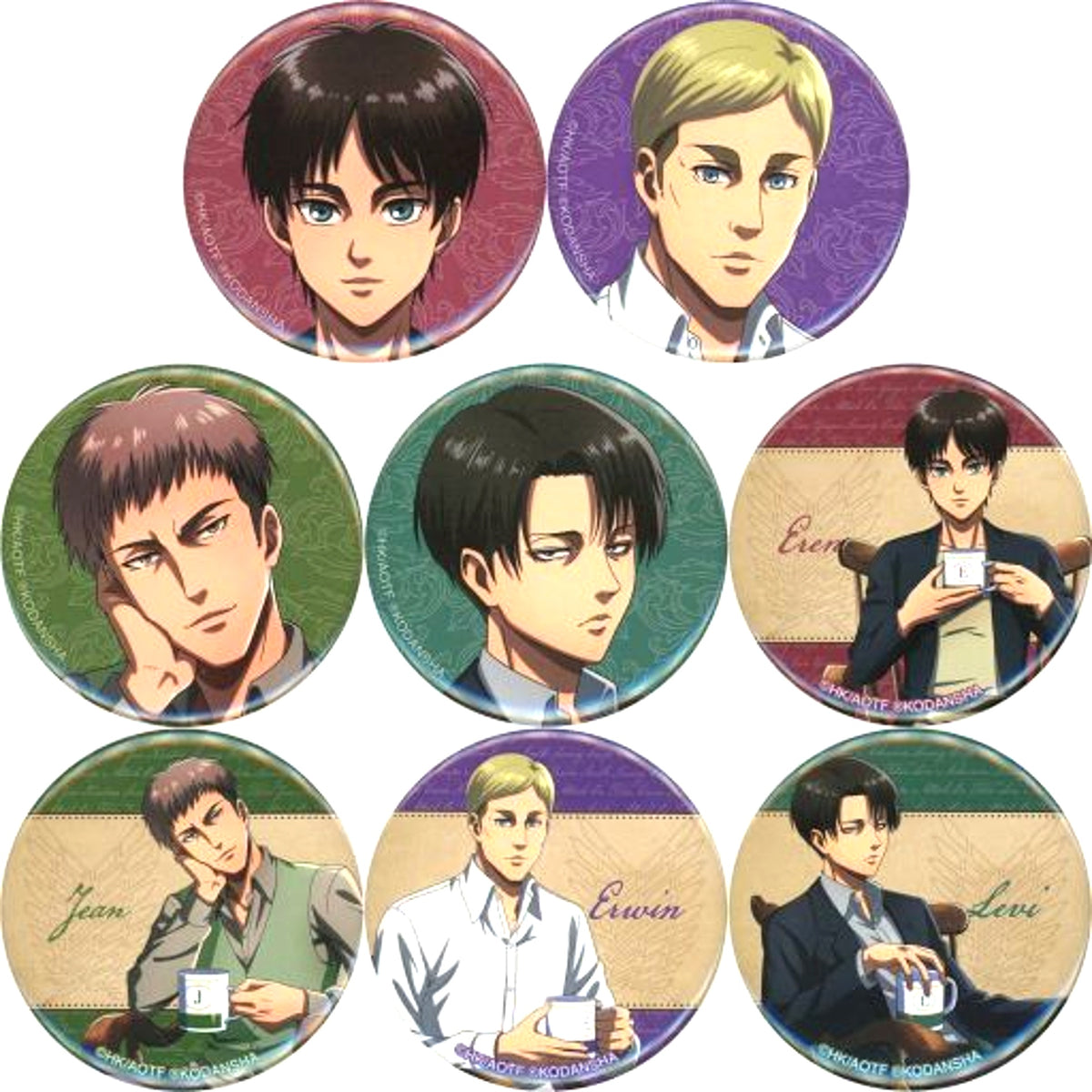 Set of 8 Attack on Titan Soldiers Tea Time in Animate Illustration Tea Time Ver Trading Button [USED]