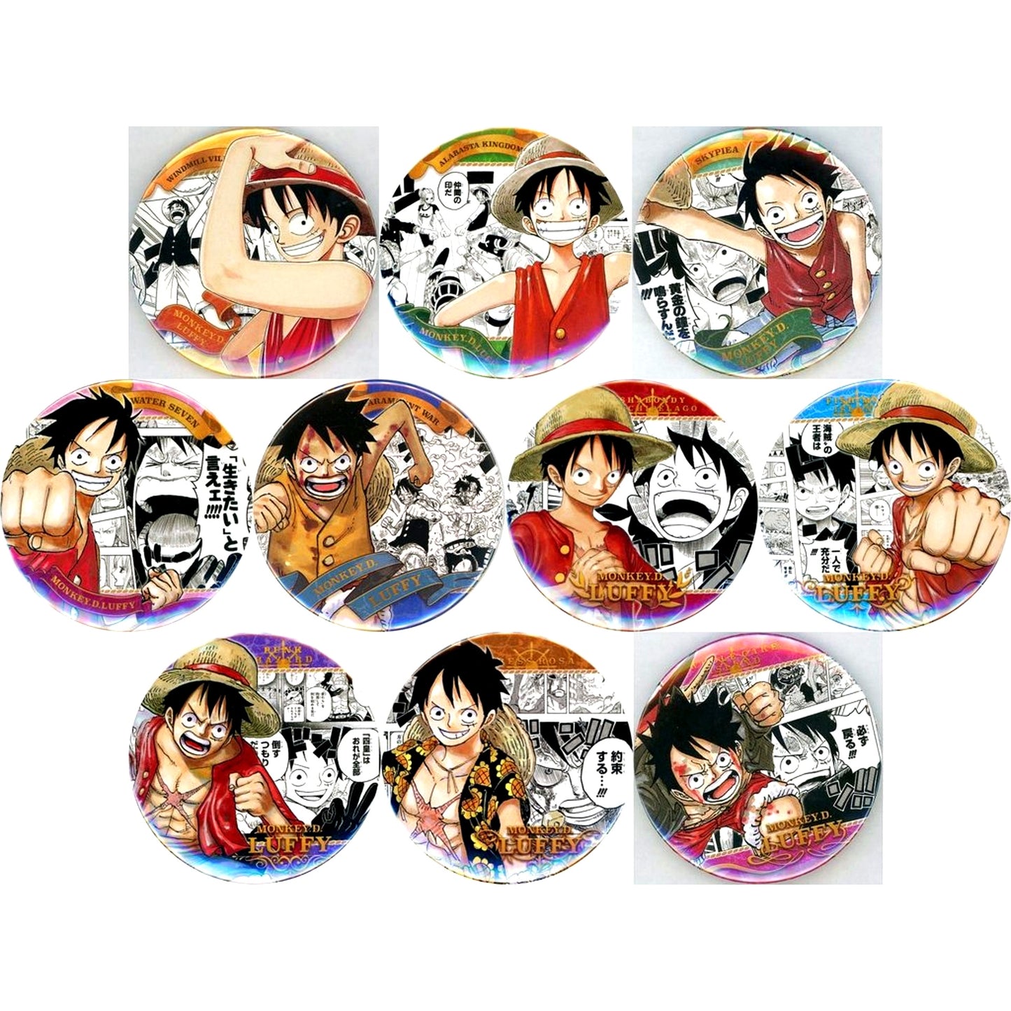 Set of 10 Monkey D. Luffy One Piece Collection Button HEROES [USED]