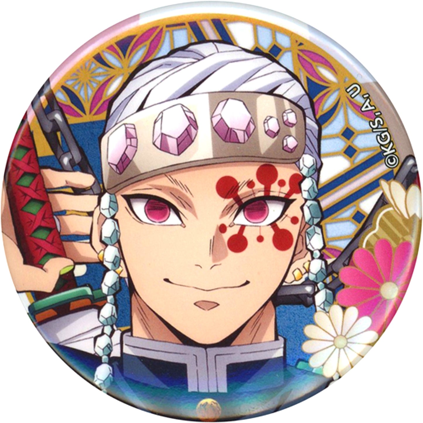Tengen Uzui Background Flowers F Demon Slayer Kimetsu no Yaiba Button [USED]