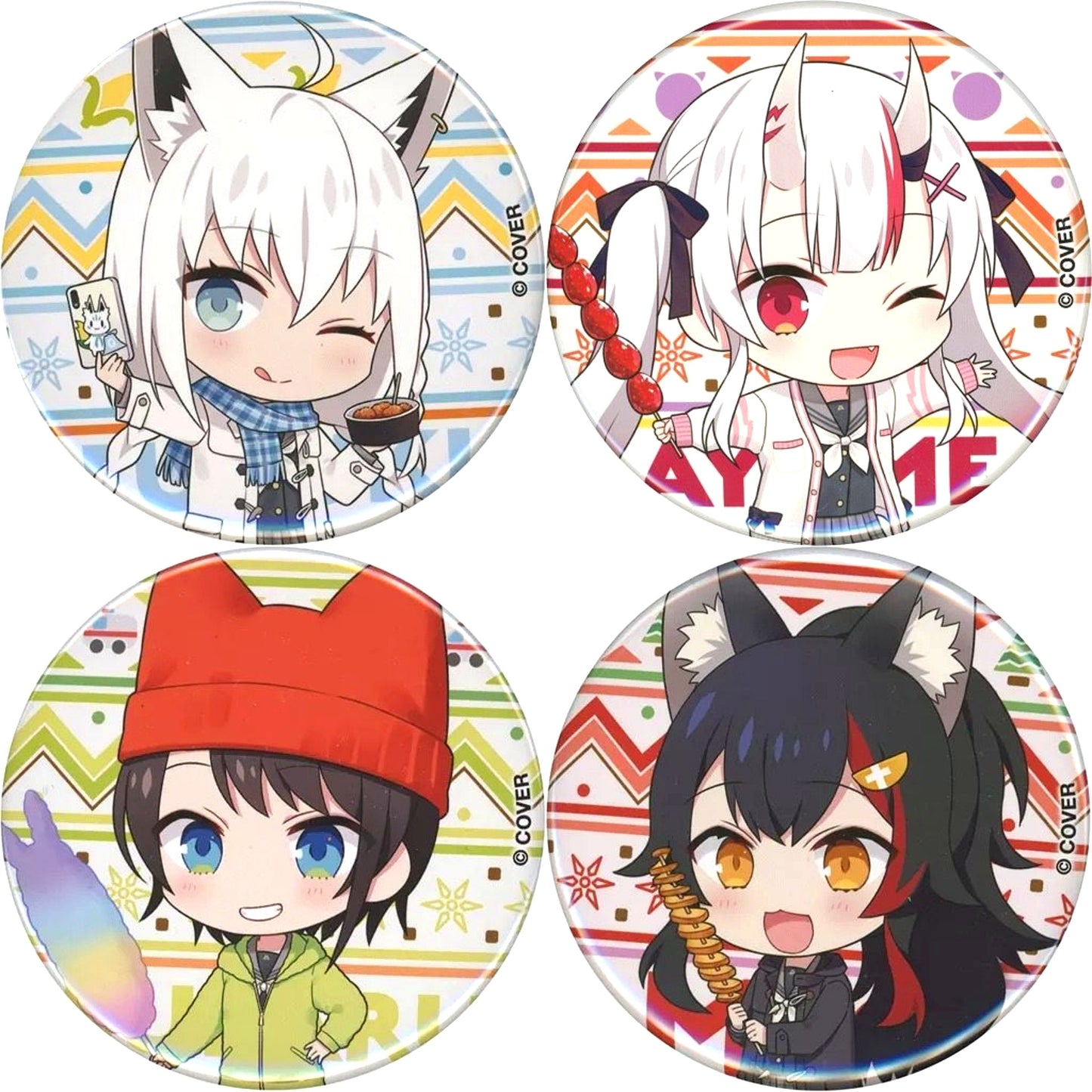 Set of 4 Group Chibi Virtual YouTuber Hololive Button in Fuji-Q Highland SNOW WORLD [USED]