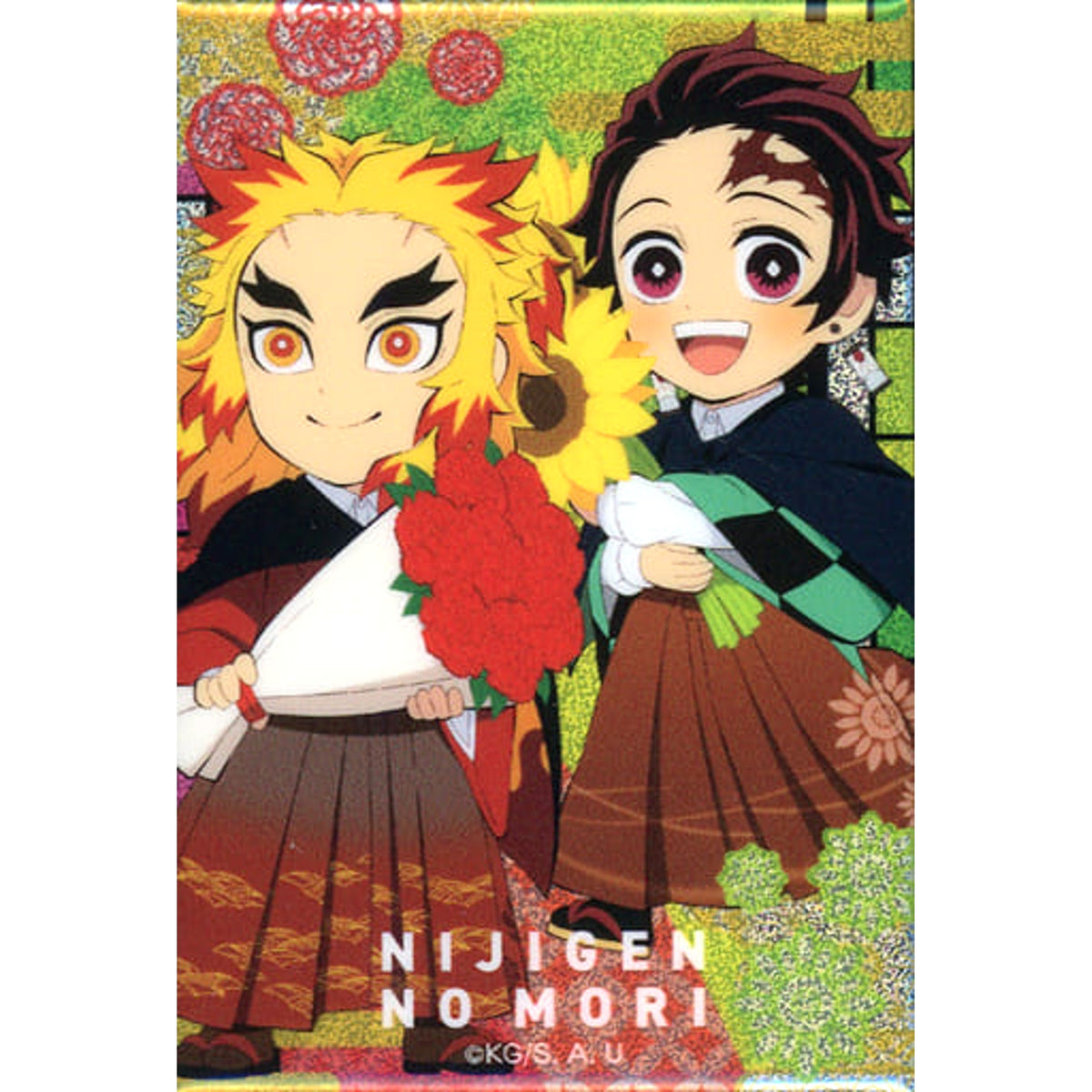 Demon Slayer: Kimetsu no Yaiba Kyojuro Rengoku Tanjiro Kamado Rectangular Can Badge Pair Nijigen no Mori X Demon Slayer: Kimetsu No Yaiba Part 5 Limited Buttons [USED]