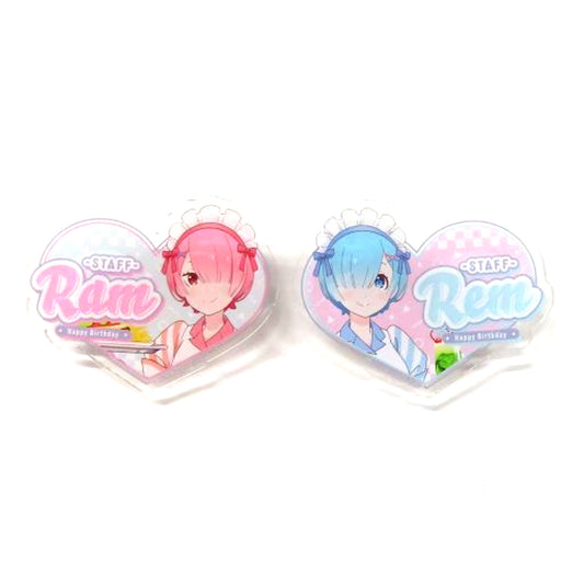 Set of 2 Ram and Rem Re:ZERO Starting Life in Another World Acrylic Name Tag Style Badge Set Ram and Rem Birthday Life 2023 Ver in Marui [USED]