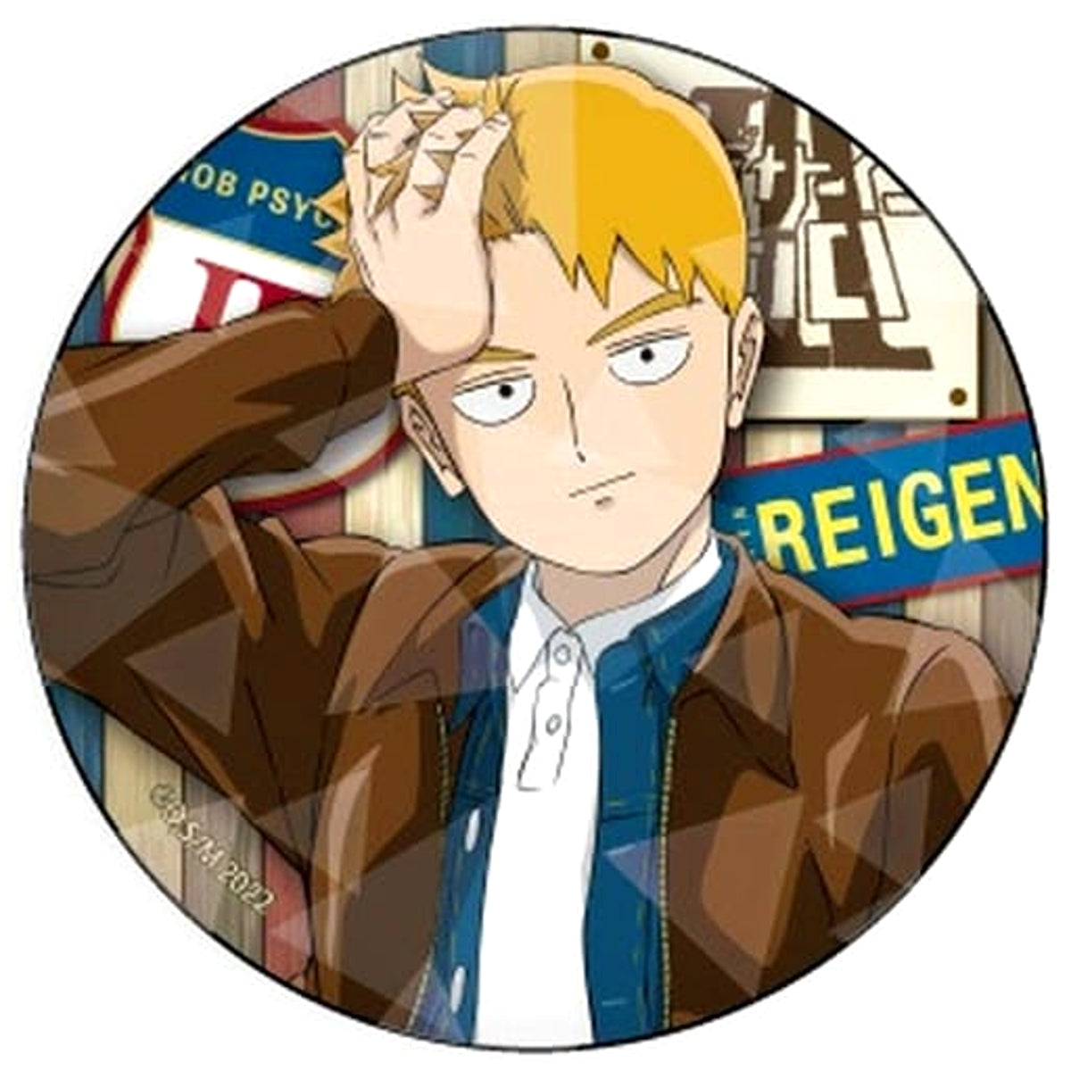 Mob Psycho 100 III Arataka Reigen 65mm Hologram Can Badge 01. Newly Drawn Buttons [USED]