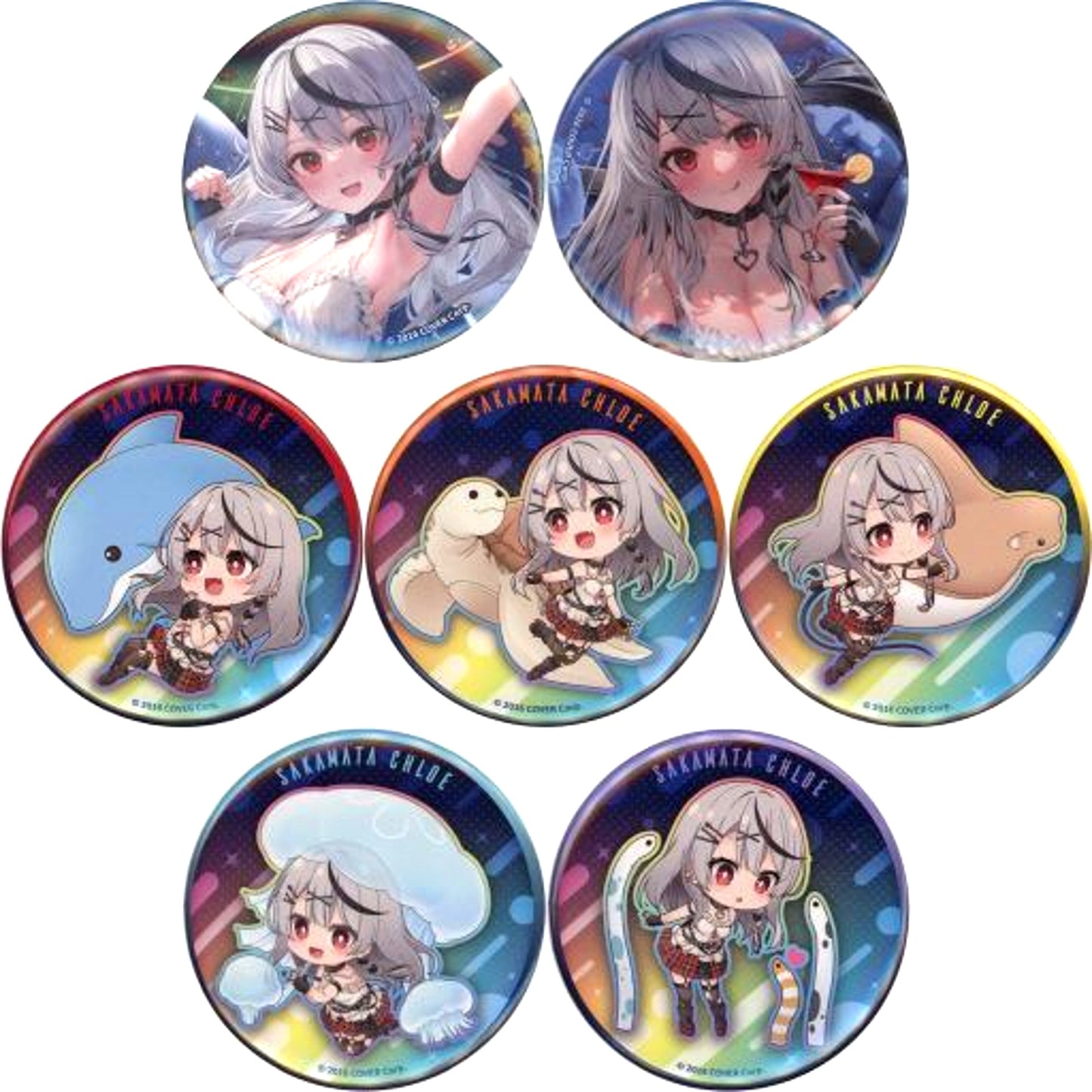 Set of 7 Group Virtual YouTuber Hololive Sakamata Chloe in Maxell Aqua Park Shinagawa Trading Button [USED]