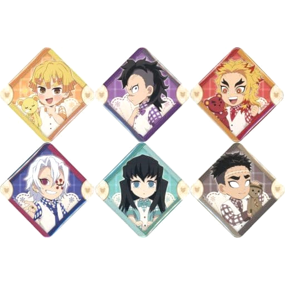 Demon Slayer: Kimetsu no Yaiba Kyojuro Rengoku & Others Random Diamond-Shaped Can Badge B Ufotable Cafe Machi Asobi Cafe White Day Event 2023 Limited All 6 Types Set Buttons [USED]