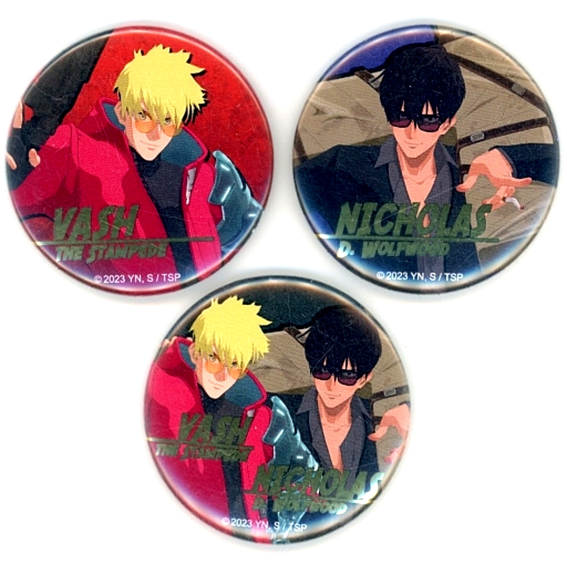 Set of 3 Vash the Stampede & Nicholas D. Wolfwood TRIGUN STAMPEDE Drawn Foil Stamping Button POP UP SHOP in Marui [USED]
