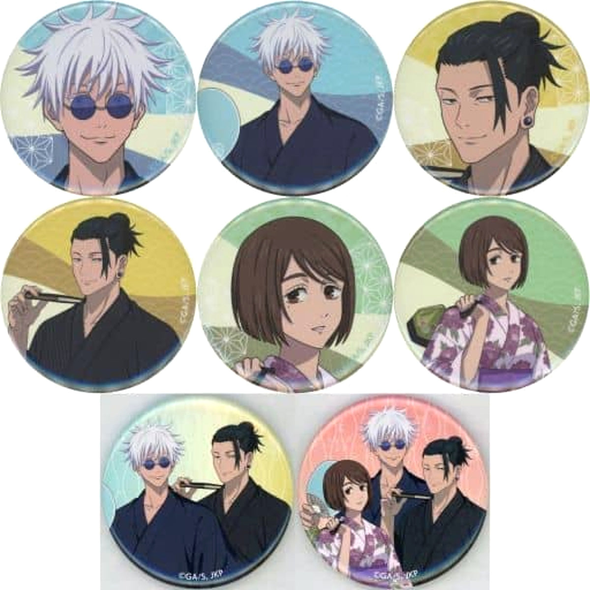 Jujutsu Kaisen Satoru Gojo & Others Newly Drawn Illustration Kaigyoku Gyokusetsu Yukata Ver. Trading Can Badge Asakusa Hanayashiki Limited All 8 Types Set Buttons [USED]