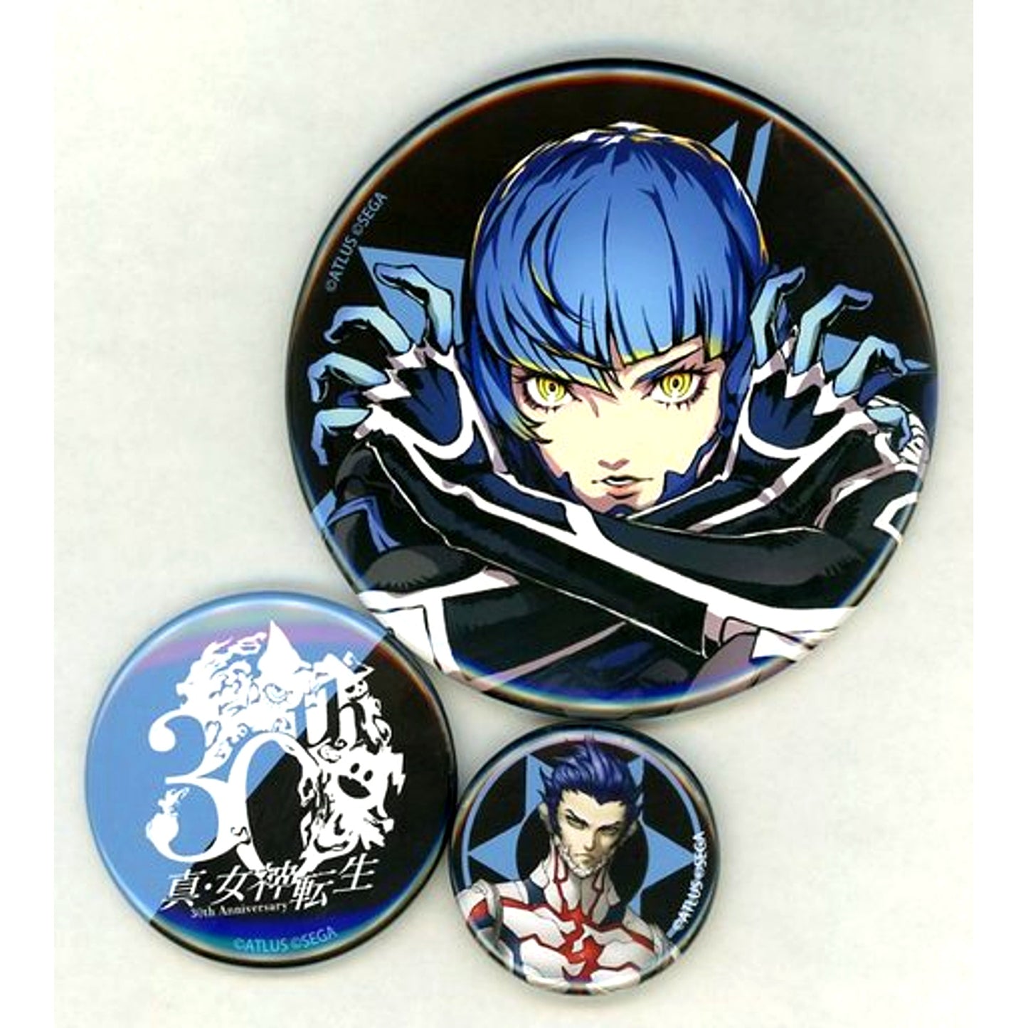 Set of 3 Shin Megami Tensei V Buttons Prize F Shin Megami Tensei 30th Anniversary Thanksgiving Event Kuji [USED]