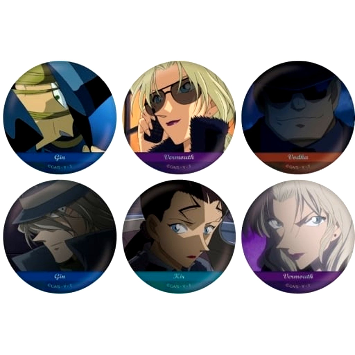 Set of 6 Black Organization Detective Conan Scene Shot Trading Hologram Button [USED]