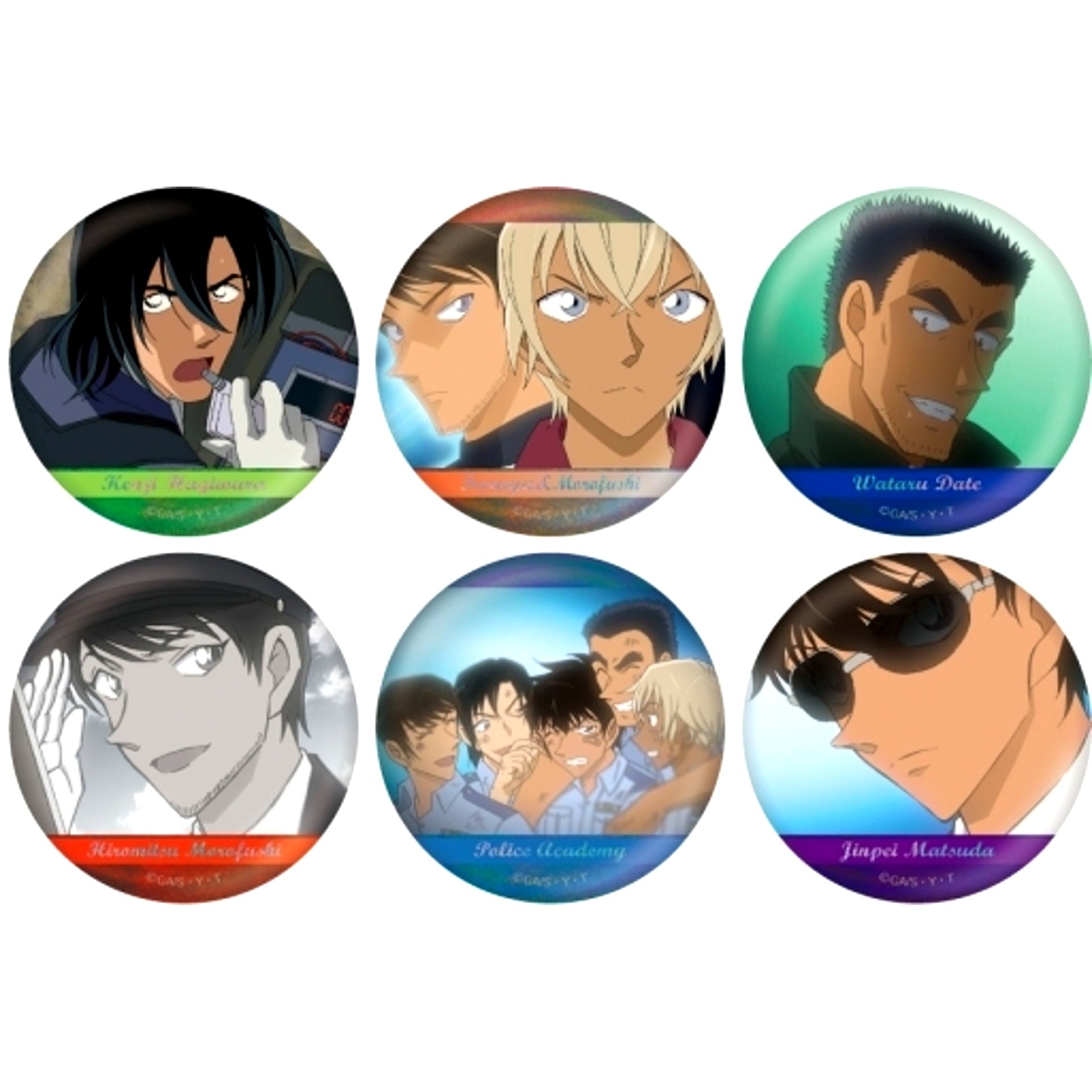 Set of 6 Police Academy Group Detective Conan Scene Shot Trading Hologram Button [USED]