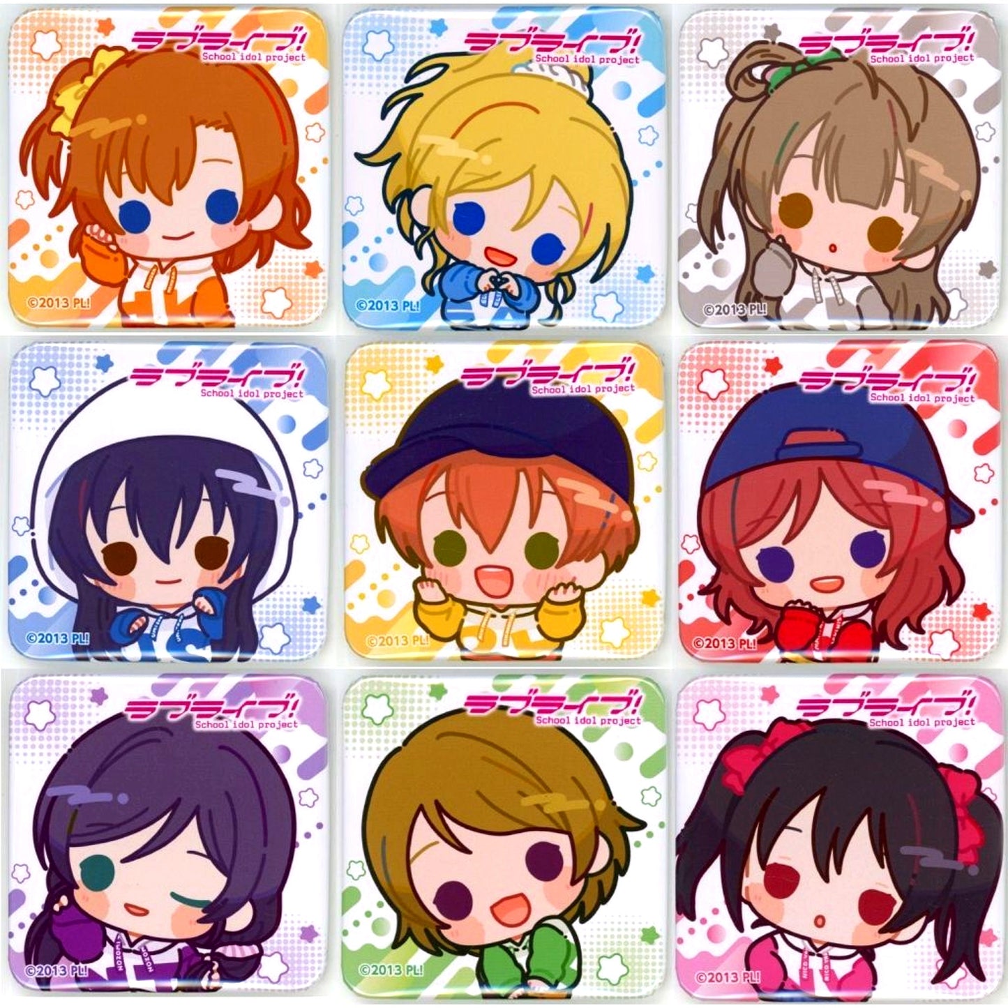 Set of 9 Love Live! Akihabara Campaign Pop-up Store Trading Chibi Character Square Button [USED]