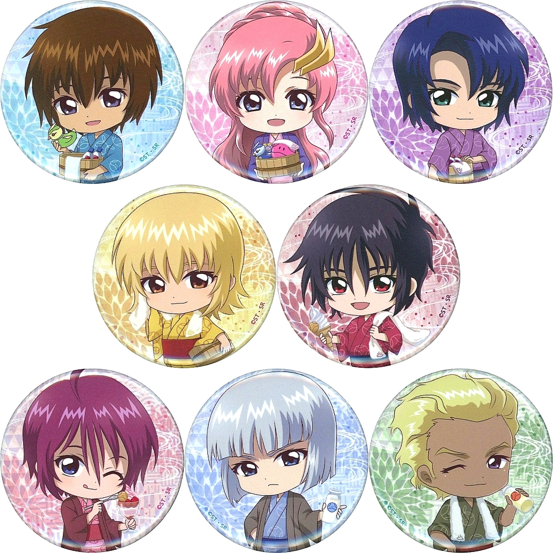 Set of 8 Mobile Suit Gundam SEED FREEDOM x Gokurakuyu RAKU SPA Trading Badge Mini Character Ver. [USED]