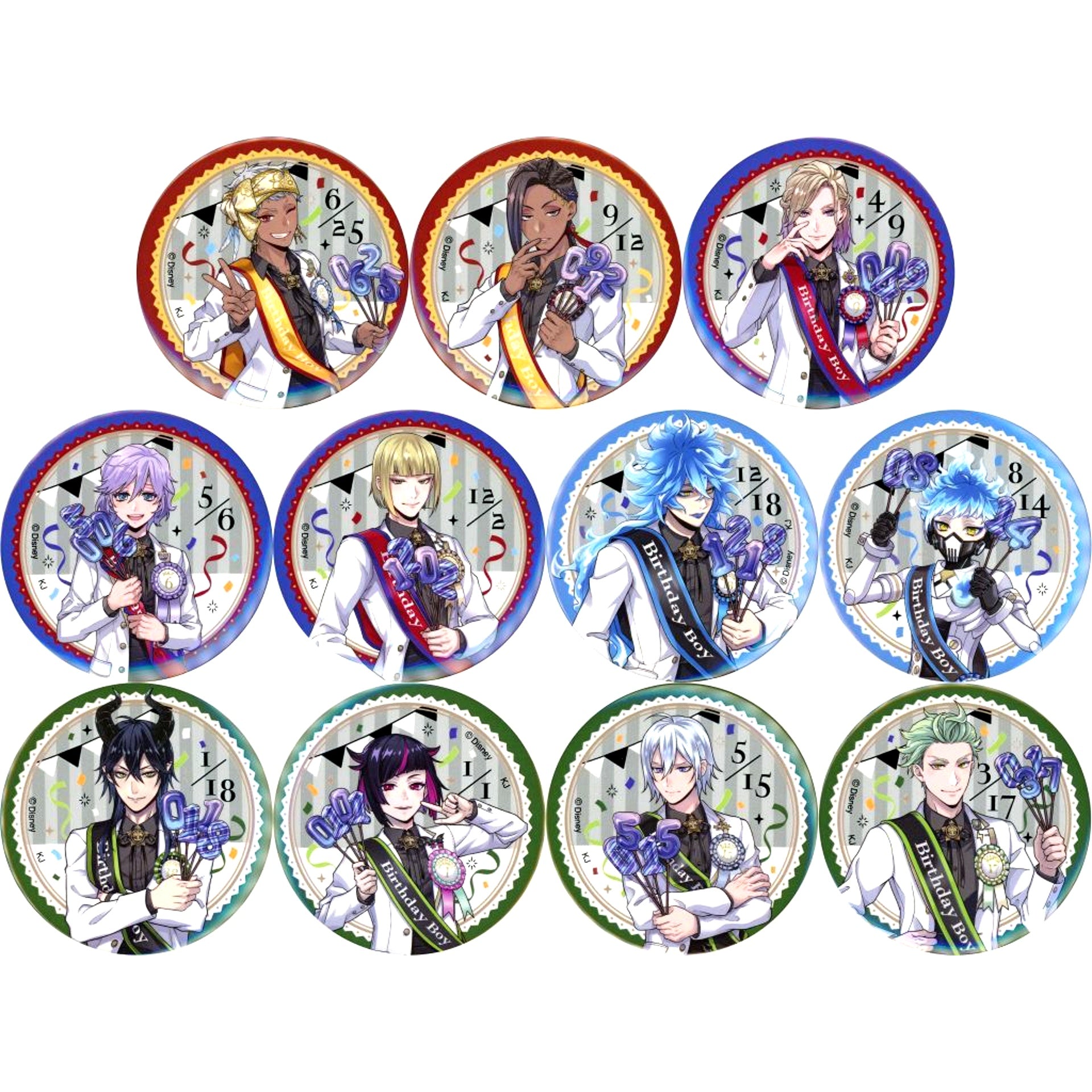 Set of 11 Disney Twisted-Wonderland Trading 75mm Button Vol.2 Omekashi Birthday Ver. Omekashi Birthday Fair in Animate [USED]
