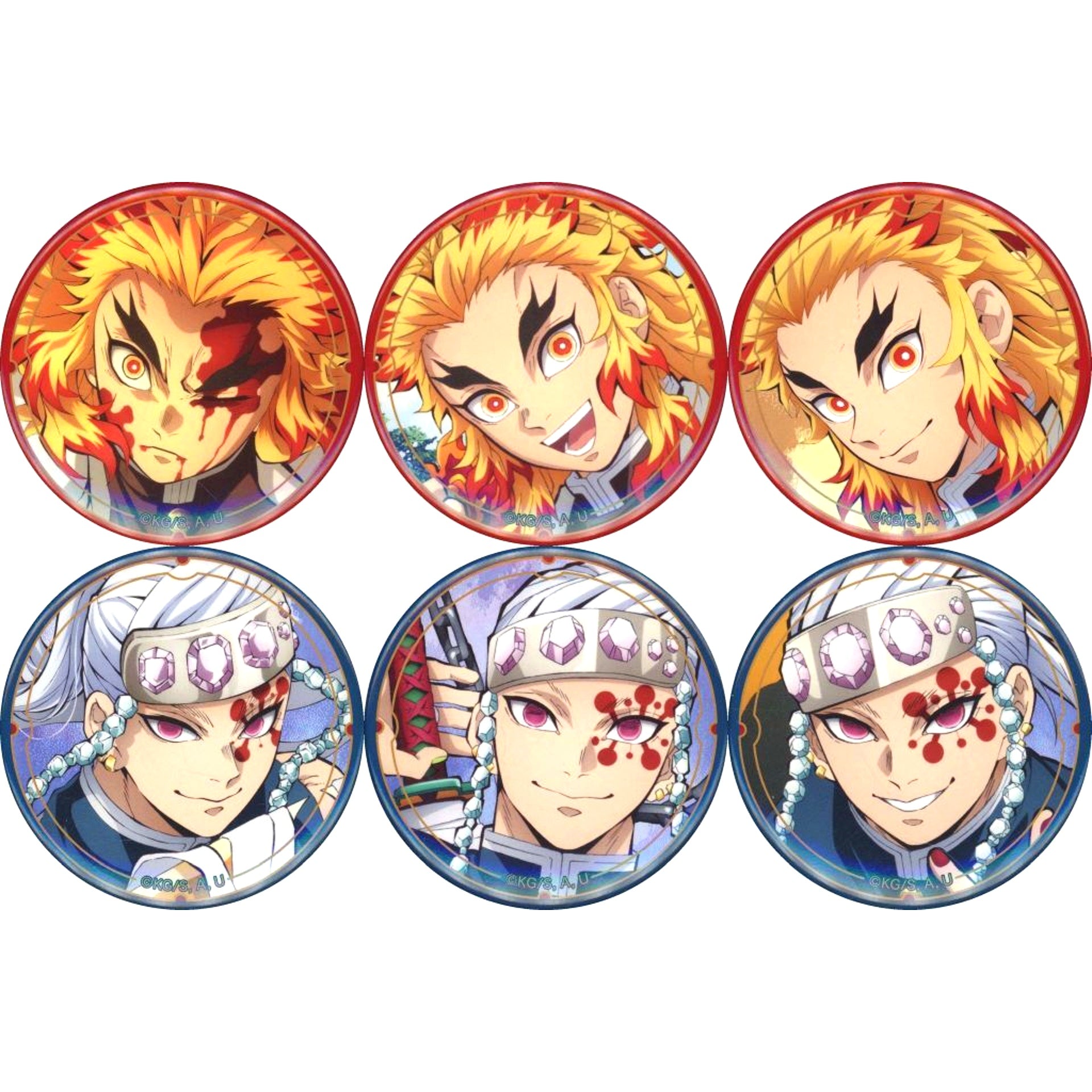Set of 6 Kyojuro Rengoku & Tengen Uzui Demon Slayer: Kimetsu no Yaiba Oshi Corps Member Badge Collection [USED]