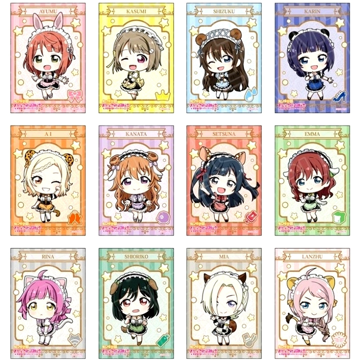 Set of 12 Love Live! School Idol Festival ALL STARS x THE Chara CAFE Square Button Animal Maid Deformed Ver. [USED]