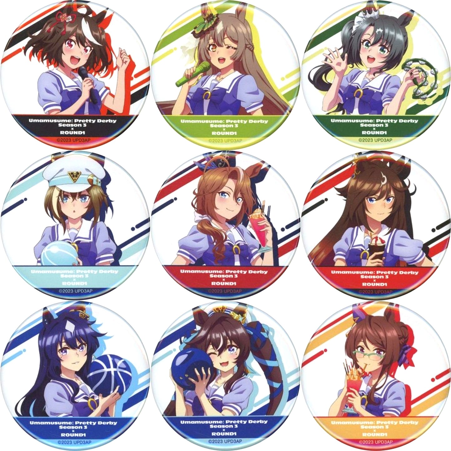 Set of 9 Uma Musume Pretty Derby Season 3 x ROUND1 Trading Button [USED]