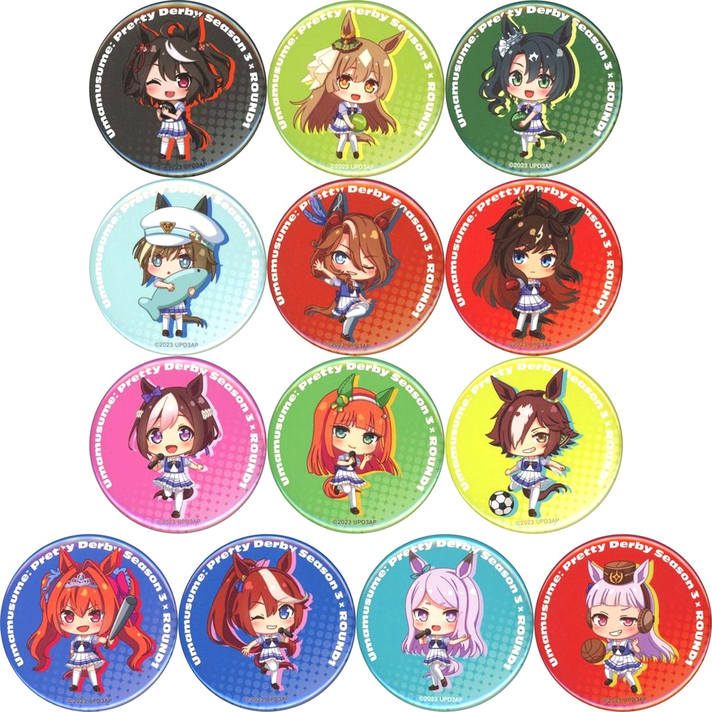 Set of 13 Uma Musume Pretty Derby Season 3 x ROUND1 Chibi Character Trading Button [USED]