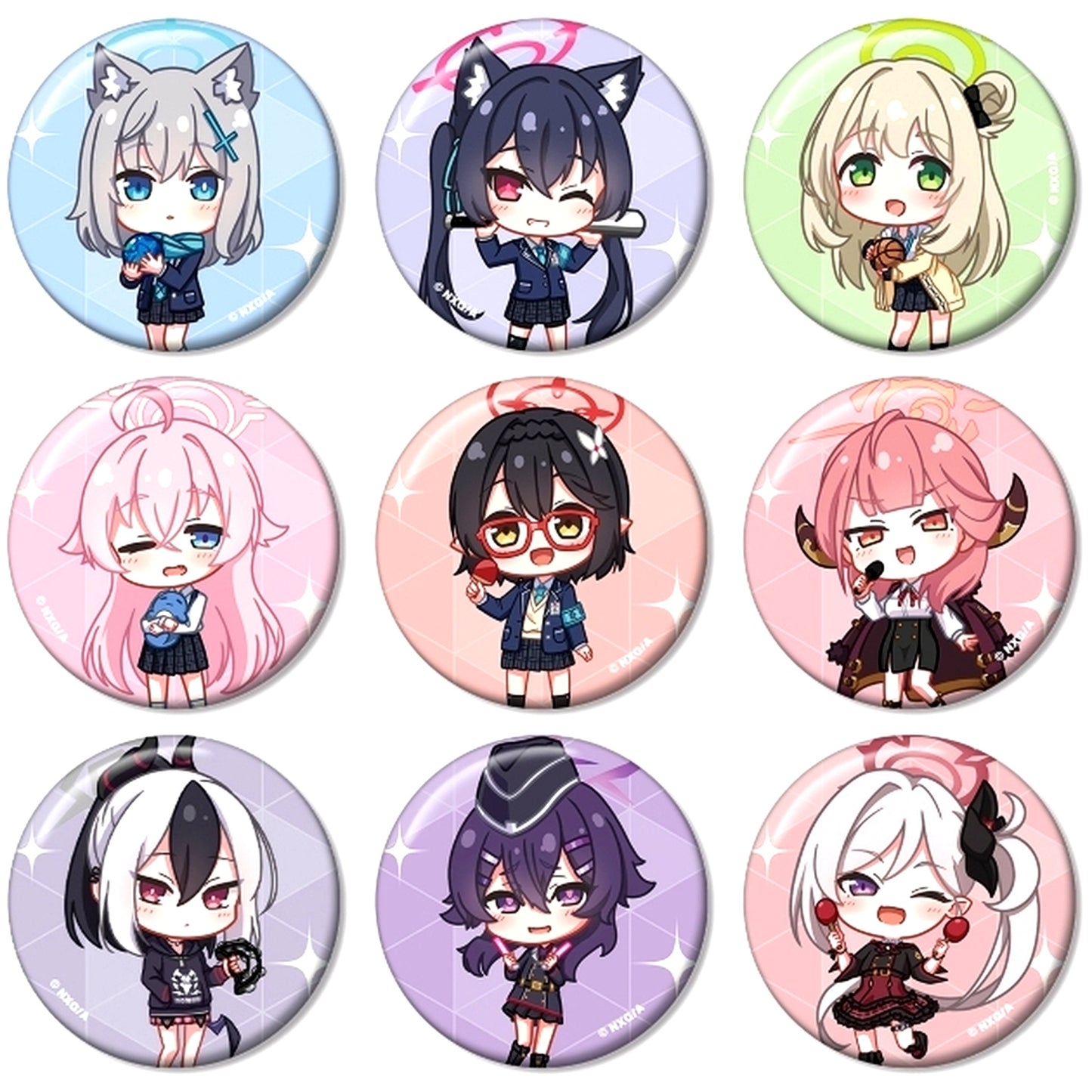 Set of 9 Blue Archive The Animation x ROUND1 Drawn Activity Ver. Chibi Character Trading Button [USED]