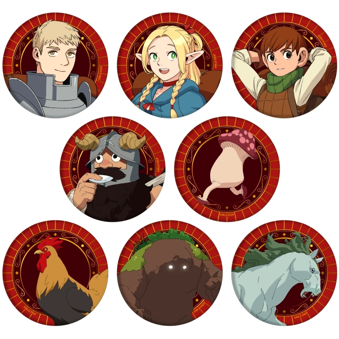 Set of 8 Delicious in Dungeon Hologram Button 57mm 01. Official Illustration [USED]