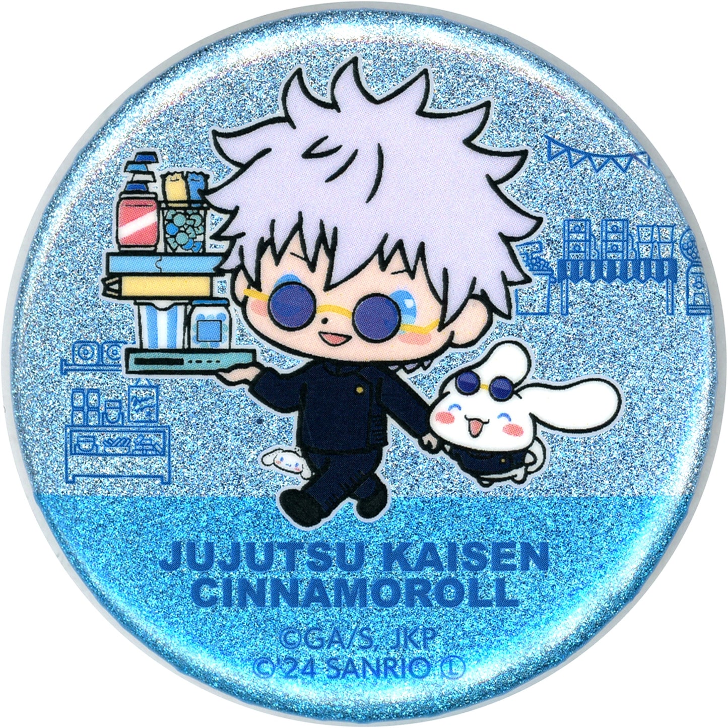 Satoru Gojo x Cinnamoroll With Background Jujutsu Kaisen Kaigyoku Gyokusetsu x Sanrio Characters Trading Glitter Button [USED]