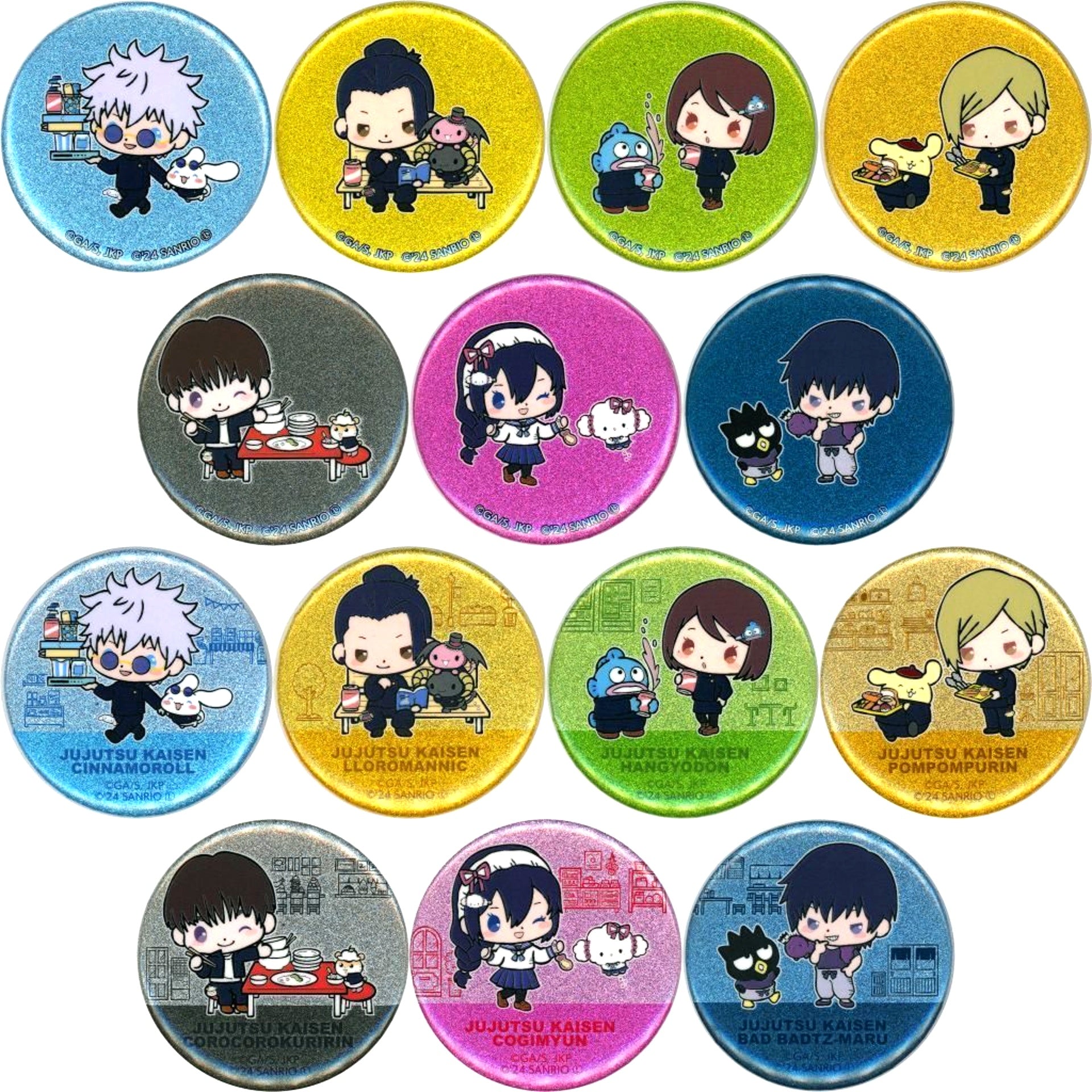 Set of 14 Jujutsu Kaisen Hidden Inventory Sanrio Characters Trading Glitter Button [USED]