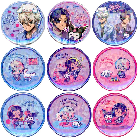Set of 9 Blue Lock x Sanrio Characters Trading Holographic Button [USED]