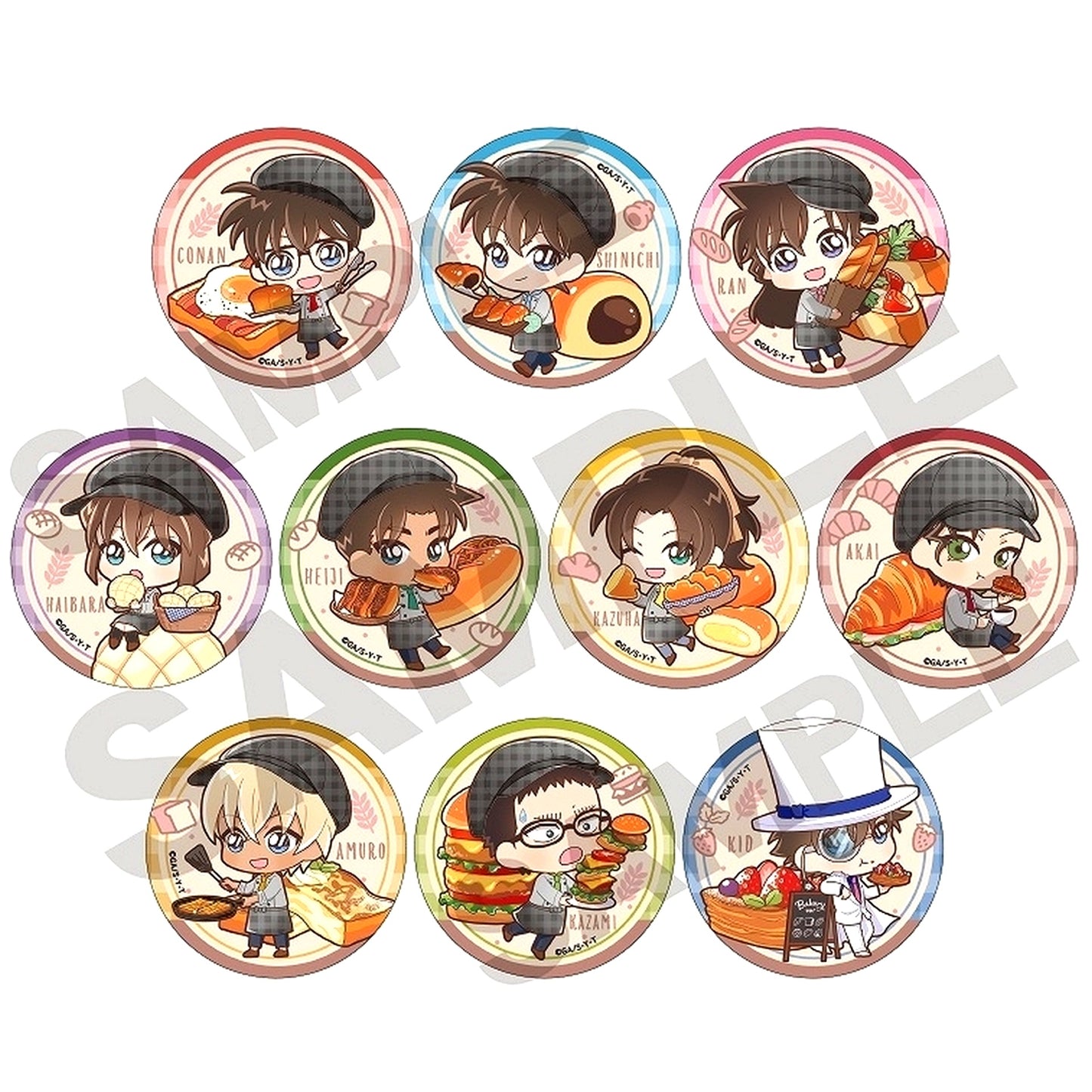 Set of 10 Detective Conan Trading Button Chara Peko Bakery [USED]