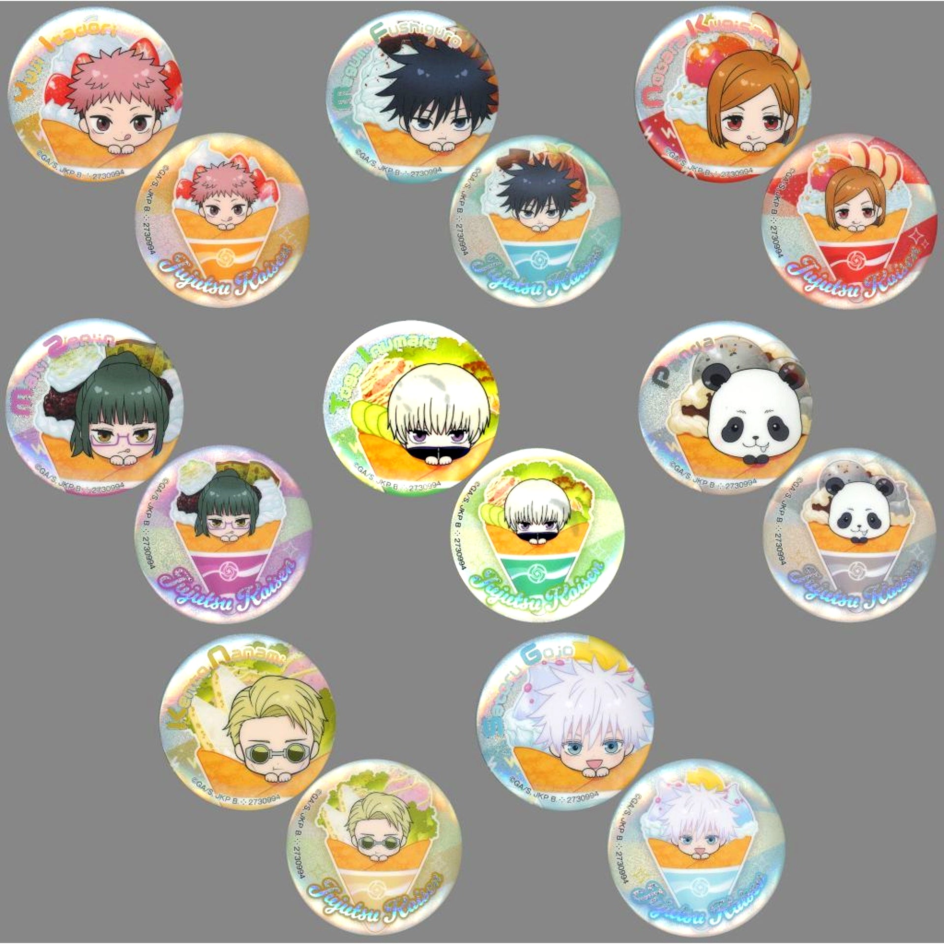 Set of 8 Jujutsu Kaisen Punitop Creperie Assort Hologram Button Set [USED]