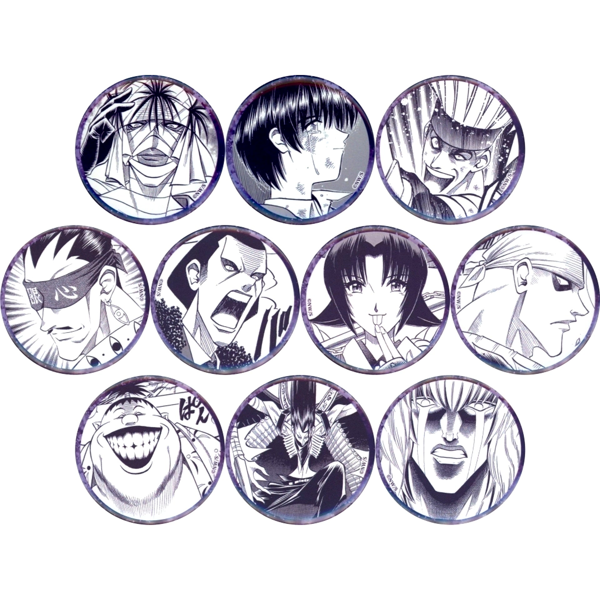 Set of 10 All Characters Rurouni Kenshin Exhibition 30th Anniv Makoto Shishio Edition Famous Scene Button Collection B [USED]